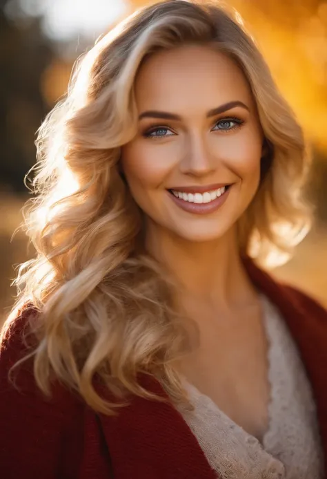 autumn weather , sun light is falling on her face , hand width reduce from original , breast size medium,perfect face, smile face, confident, highly detailed,blond hair