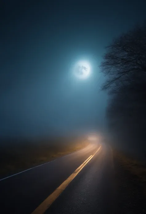 Create a mysterious environment with a mystical full moon at midnight on a foggy road. Landscape only.