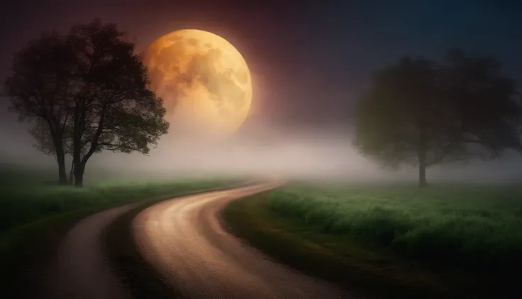 Create a mysterious environment with a mystical full moon at midnight on a foggy road. Landscape only.