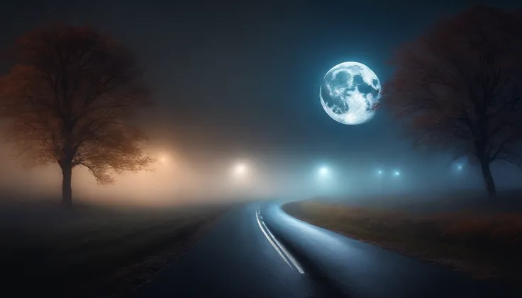 Create a mysterious environment with a mystical full moon at midnight on a foggy road. Landscape only.