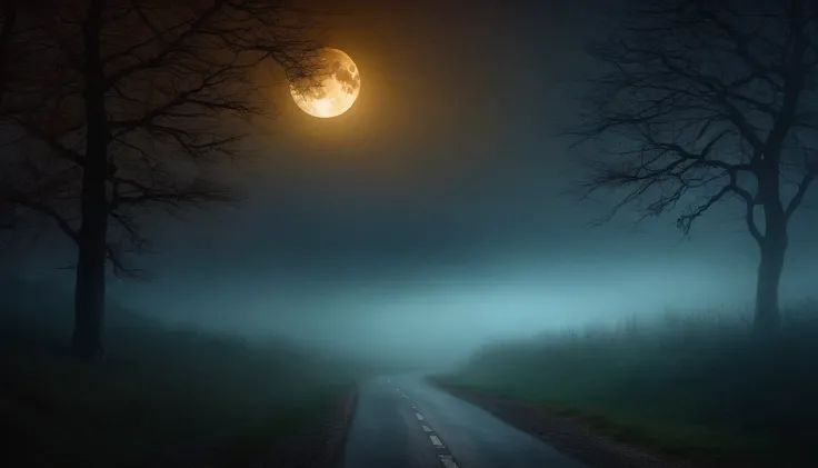 Create a mysterious environment with a mystical full moon at midnight on a foggy road. Landscape only.