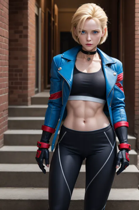 masterpiece, best quality, highres, 1girl, cammy white, short hair, antenna hair, blue eyes, scar on cheek, large breasts, black choker, collarbone, blue jacket, cropped jacket, open jacket, sports bra, midriff, fingerless gloves, black gloves, black pants...