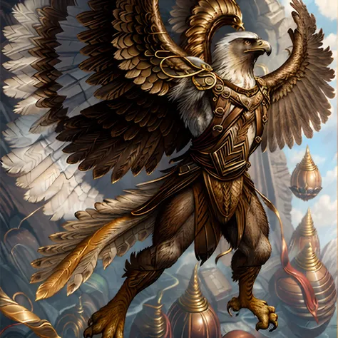 brown feathers, gold feathers, angel wings, feathered wings, eagle, feathered body, muscular body, avian, bad guy, looking at th...