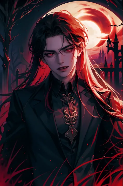 handsome, male, man, long hair, pale, strikingly handsome vampire immersed in a halloween-inspired aesthetic, deep red moonlit n...