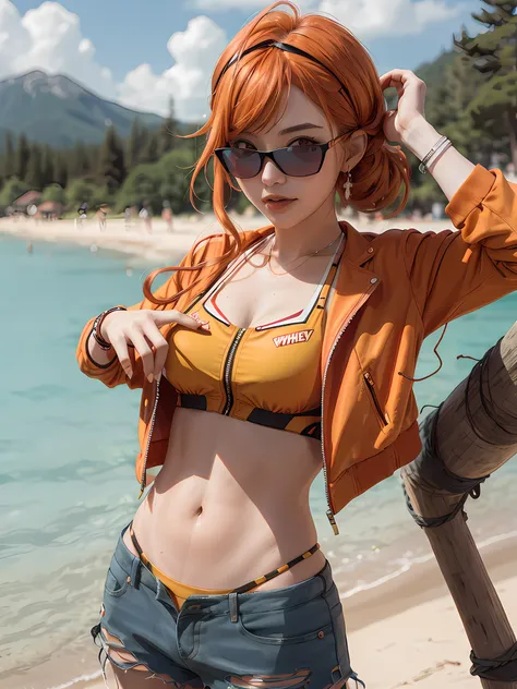 arisugawa natusha
orange hair
red jacket, black dress
eyewear on head, yellow bikini, crop top, short shorts, bracelet