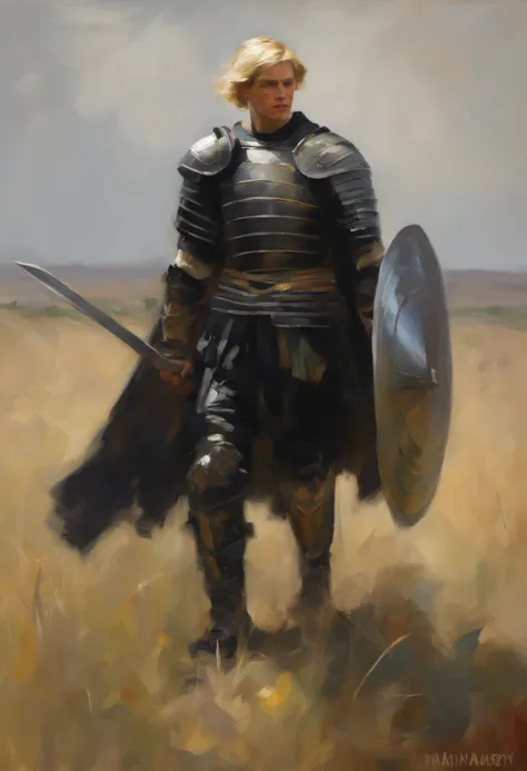 warrior, black armor, striped cape in black tones short blonde hair, has a long sword in each hand, this one in an open field ready for the fight