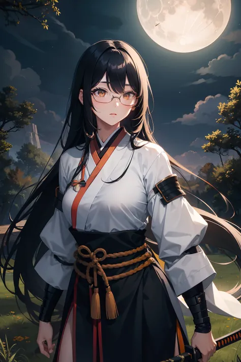 1girl, black hair, long hair, amber eyes, original, female ronin, female samurai, medium tits, sexy, older sister, old korean uniforms, night time, moon, cloud, nature, grass, forest, black rectangle glasses, japanese sword in hand, white uniform