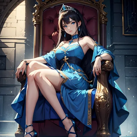 a beauti, tiara, blue dress, throne, Sit cross-legged