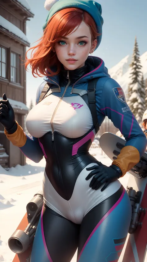 gwen tennyson,1girl,tracer,d.va,rebecca chambers,overwatch,gundam,close up,mecha pilot,snow mountain,rose and blue plugsuit,hair pin,pirate corset, white long sleeve lycra top,white leggings,short hair,cute makeup,green eyes,orange and blue hair,shy smile,...