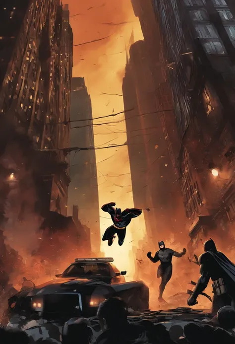 Epic superhero showdown, cityscape backdrop, dynamic poses, intense action, iconic characters:1.1, capturing the clash between two legendary heroes, (nighttime)1.2 setting with (dramatic city lights)1.3, Batman and Spider-Man engaging in a high-octane batt...