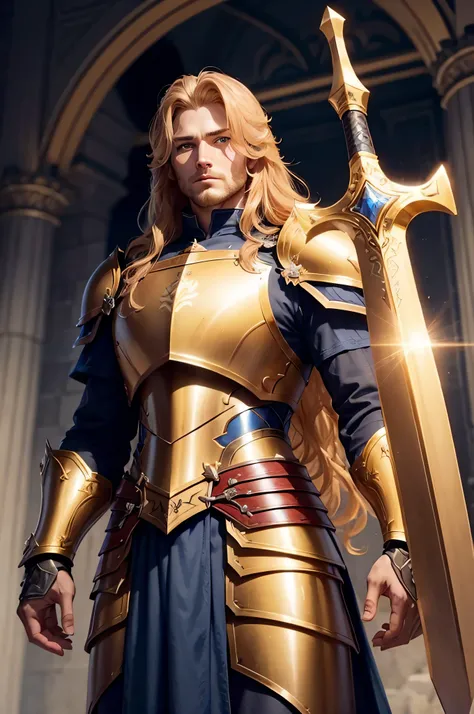 guy, golden long hair, paladin, big armor, great sword , shoulder plates with lion markings, blue eyes