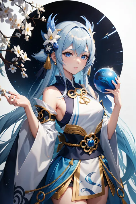 Anime girl holding blue ball in blue and white dress, onmyoji, Onmyoji detailed art, onmyoji portrait, white-haired god, Keqing from Genshin Impact, Genshin, From Arknights, zhongli from genshin impact, heise jinyao, author：Shitao, drak, by Yang J, Yun Lin...