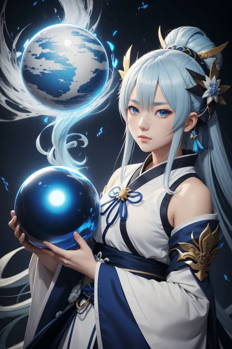 Anime girl holding blue ball in blue and white dress, onmyoji, Onmyoji detailed art, onmyoji portrait, white-haired god, Keqing from Genshin Impact, Genshin, From Arknights, zhongli from genshin impact, heise jinyao, author：Shitao, drak, by Yang J, Yun Lin...