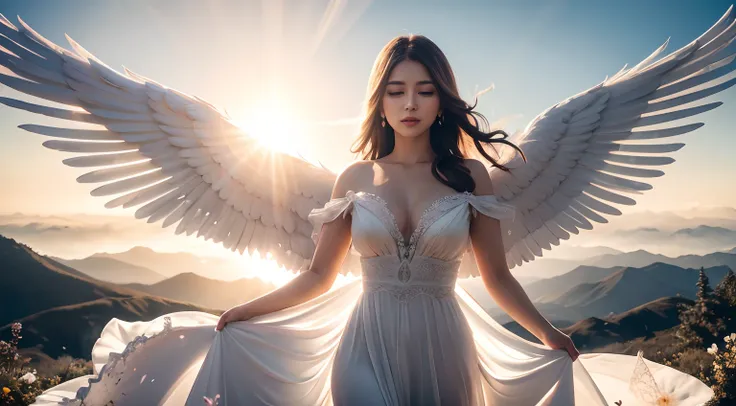 Woman with white wings, ((wings)), long dress detailed, ((bloom)), (masterpiece), (mindfully colorful), divine rays, (ultra high quality), (8K quality ), depth of field, bursts of wind, ((soft detail)), dark style, ((ray tracing effect)), (realistic: 1.3),...