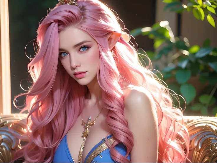 a woman, long curly hair, pink hair, blue eyes, elf, voluminous hair, crown, sitting, golden, sexy, low-cut clothing, elf