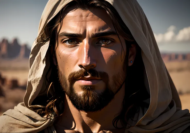 JESUS CHRIST PHOTO clear: realistic epic, smooth cinematic portrait, highly resalist, with rocky desert background, light brown eyes adobe lightroom, photographic laboratory, highly detailed, faded, (neutral colors: 1.2), (hdr: 1.4), (soft colors:1.2), hyp...