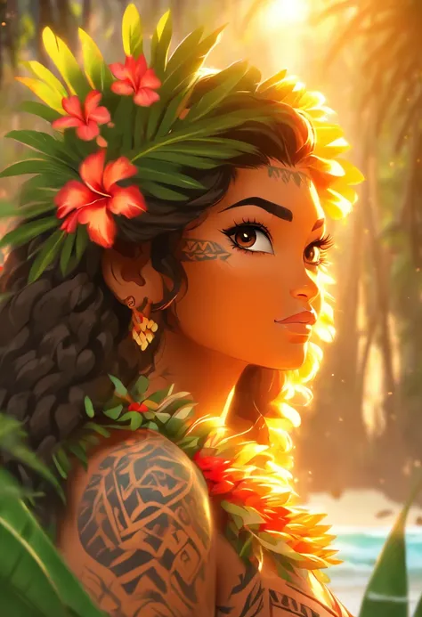 (((Hawaiian woman))) best quality, ultra-high resolution, 4K detailed CG, master piece, Brunette woman, aboriginal, beach, forest, Hawaiian clothing, hawaii, Maori mythology, ((malri tattoos)), Image Style Maori, aesthetic, screen-centered