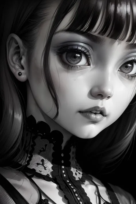 (Junji Ito manga portrait illustration of girls face), horrified expression, detailed, horror theme:1.5, gothic horror, black and white, creepy atmosphere, disturbing)