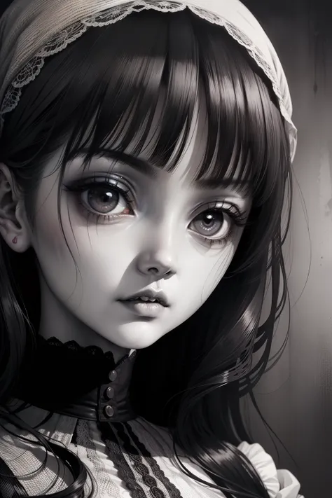 (Junji Ito manga portrait illustration of girls face), horrified expression, detailed, horror theme:1.5, gothic horror, black and white, creepy atmosphere, disturbing)