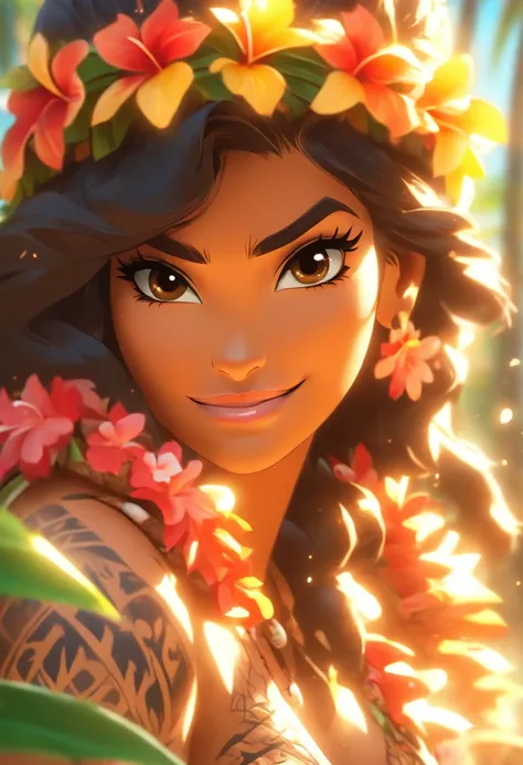 (((Hawaiian woman))) best quality, ultra-high resolution, 4K detailed CG, master piece, Brunette woman, aboriginal, beach, forest, Hawaiian clothing, hawaii, Maori mythology, ((maori tattoos)), Image Style Maori, aesthetic, screen-centered