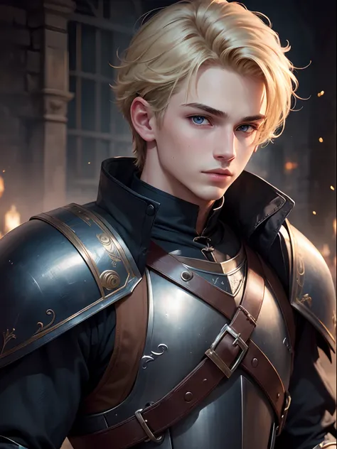 boy,cute,young,handsome,19 years old, finely detailed eyes,skin light tone,blond hair, intricate details, portrait, looking at viewer, solo,(full body:0.6), detailed background, detailed face, dynamic pose,dark black guard plate armor,dark blue overcoat, h...