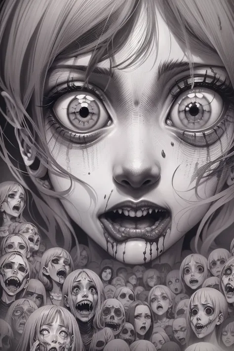 (Junji Ito manga portrait illustration of girls face), horrified, scared, afraid expression, detailed, horror theme:1.5, gothic horror, black and white, creepy atmosphere, disturbing)