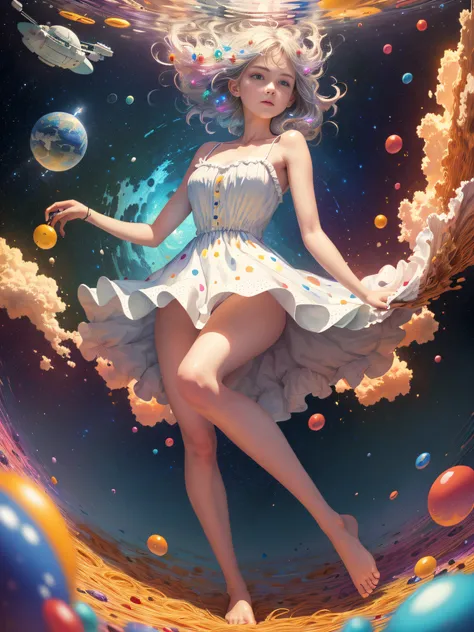 (masterpiece, best quality: 1.2), (super detailed), (illustration), wallpaper, original, 1girl, messy (((color and dynamic))) hair, spaghetti straps, white dress, bare legs, bare feet, Light arm, space, Earth background, low earth orbit, full body, , (surr...