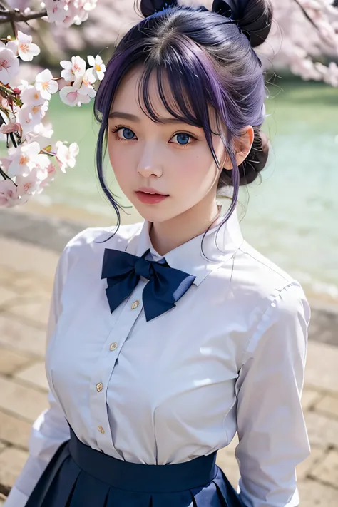 masterpiece, photorealistic, 1girl, bright blue detailed eyes, bright purple hair long, 2 buns, white shirt with dark blue bow, dark blue uniform skirt, full body, large chest, beautiful, soft smile, heart necklace, standing, cherry blossoms falling in bac...