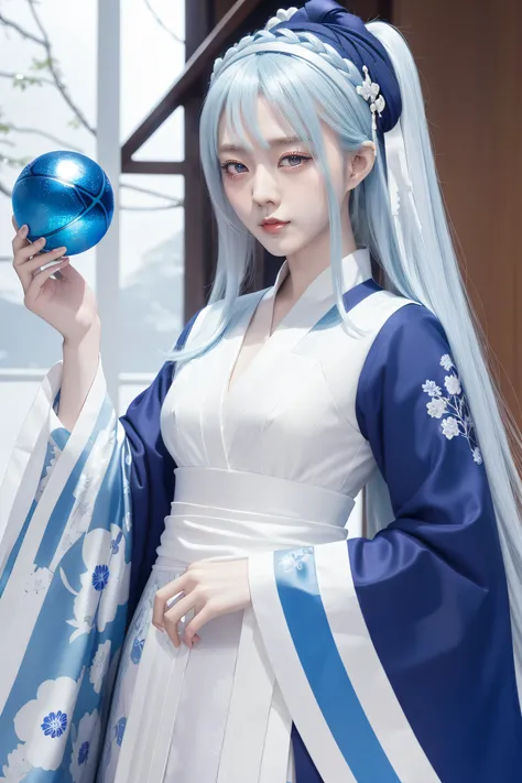 Anime girl holding blue ball in blue and white dress, onmyoji, Onmyoji detailed art, onmyoji portrait, white-haired god, Keqing from Genshin Impact, Genshin, From Arknights, zhongli from genshin impact, heise jinyao, author：Shitao, drak, by Yang J, Yun Lin...