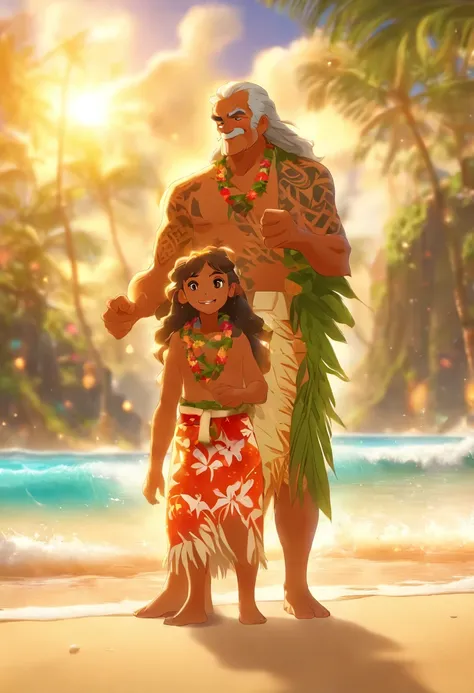 (((Elderly Hawaiian man and Hawaiian child))) best quality, ultra-high resolution, 4K detailed CG, master piece,elder,Child beach,sea,sand,Hawaiian clothing,hawaii, Maori tattoos,Maori mythology, ((in foot)), Maori Picture Style, aesthetic, screen-centered...