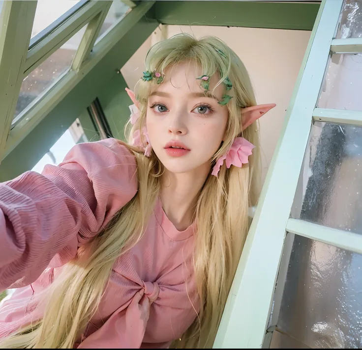 blond haired woman with green hair and a pink shirt posing for a picture, she has elf ears and gold eyes, resembling a mix of grimes, looks like a mix of grimes, looks a blend of grimes, beautiful pink little alien girl, she looks like a mix of grimes, a p...