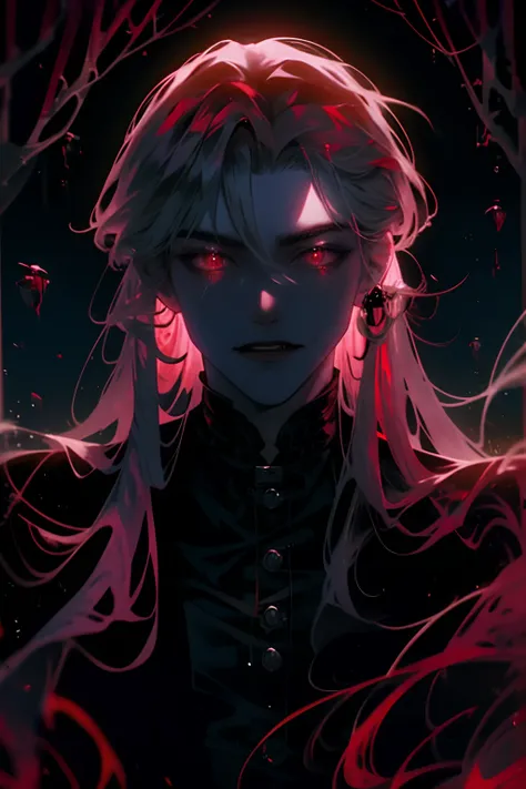 handsome, male, man, long hair, pale, strikingly handsome vampire immersed in a Halloween-inspired aesthetic, deep red moonlit night scenery, vampire, vampire fangs, red eyes, bloody mouth