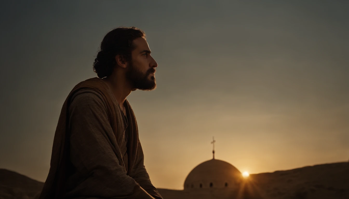 jonas, Bible Old Testament Character, Kneeling looking up at the sky. In the city of Nineveh. entardecer