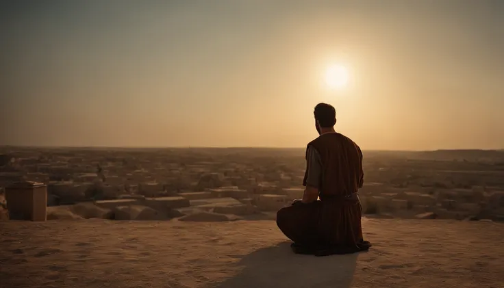 jonas, Bible Old Testament Character, Kneeling looking up at the sky. In the city of Nineveh. entardecer