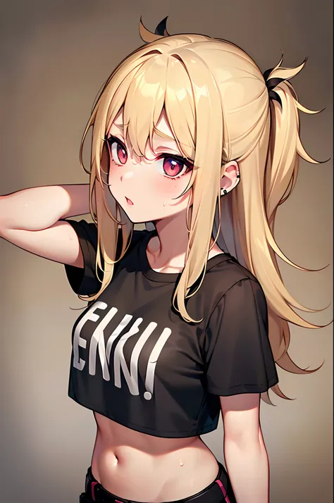 (1girl), medium breasts, tan, dewy skin, sweaty skin, wavy blonde hair, punk tshirt, punk girl