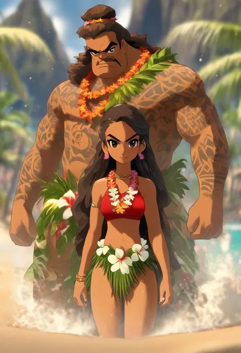 (((Hawaiian Woman and Hawaiian Man))) best quality, ultra-high resolution, 4K detailed CG, master piece, woman, man, underworld, sand, dark atmosphere, gloomy climate, Hawaiian clothing, hawaii, Maori tattoos, Maori mythology , ((Underworld,)), Maori Image...