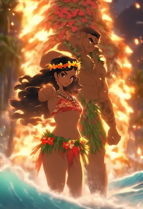 (((Hawaiian Woman and Hawaiian Man))) best quality, ultra-high resolution, 4K detailed CG, master piece, woman, man, underworld, sand, dark atmosphere, gloomy climate, Hawaiian clothing, hawaii, Maori tattoos, Maori mythology , ((Underworld,)), Maori Image...