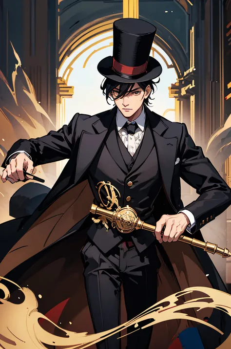 2d illustration, best quality, ultra detailed, man in top hat, black suit, black overcoat, holding a cane, dynamic pose, ancient city in the background