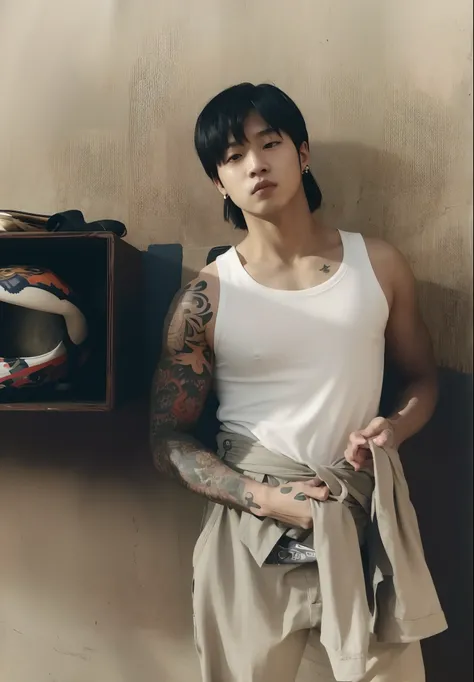 there is a man with tattoos standing next to a wall, taejune kim, hyung tae, inspired by Kim Hwan-gi, jungkook, south korean male, hyung tae kim, hong june hyung, inspired by Joong Keun Lee, korean artist, jinyoung shin, seseon yoon, hyung - tae kim, hyung...