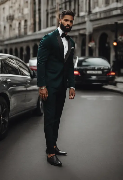 Fazendo um homem bonito na casa dos 30 anos de terno preto e gravata, CEO, cabelos castanhos e barba, (Homem de terno preto e gravata), ), (Usando barba,) Attractive and serious look, cabelos curtos e escuros, Elegante e elegante, Barbear adequado ao terno...