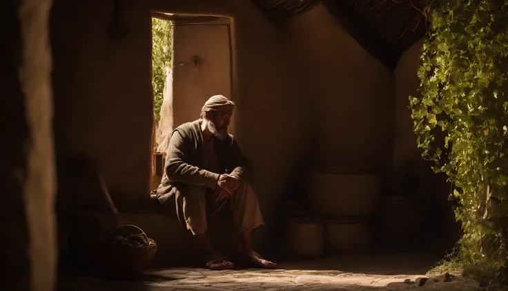 Jonas, Character in the Old Testament of the Bible, in his very simple hut and away from the city of Nineveh. Hes sitting at the door and underneath an ivy that shadows him