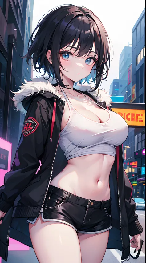 ultra_detailed, highres, absurdres, masterpieces, 1girl, looking at viewer, short hair, black hair, breasts, cleavage cutout, open jacket, fur-trimmed jacket, short shorts, navel, tight shirt, white shirt, outdoors, sf, city, neon lights, night