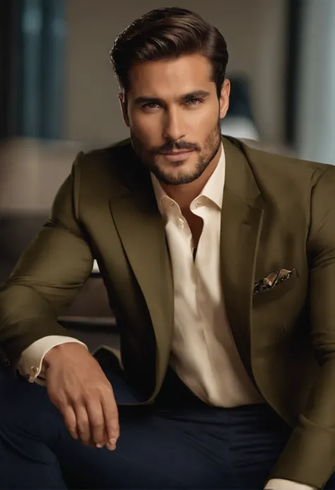 em cima、Make a handsome man in his 30s in a black suit and tie, CEO, cabelos castanhos e barba, (Homem de terno preto e gravata), ), (Use barba,) Attractive and serious look, cabelos curtos e escuros, Elegante e elegante, Barbear suit-fit e corpo forte, (a...