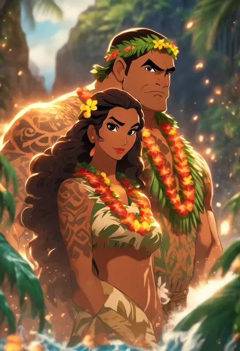 (((Hawaiian Woman and Hawaiian Man))) best quality, ultra-high resolution, 4K detailed CG, masterpiece, woman, man, underworld, dark atmosphere, gloomy weather, Hawaiian clothing, Hawaii, Maori tattoos, Maori mythology , ((Underworld,)), Maori image style,...