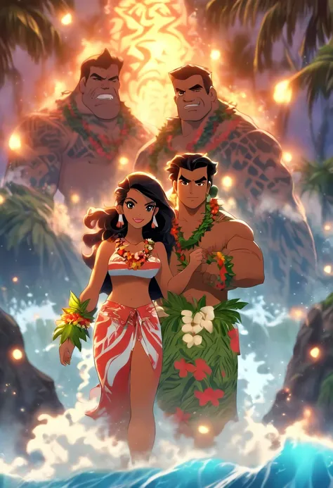 (((Hawaiian Woman and Hawaiian Man))) best quality, ultra-high resolution, 4K detailed CG, masterpiece, woman, man, underworld, dark atmosphere, gloomy weather, Hawaiian clothing, Hawaii, Maori tattoos, Maori mythology , ((Underworld,)), Maori image style,...