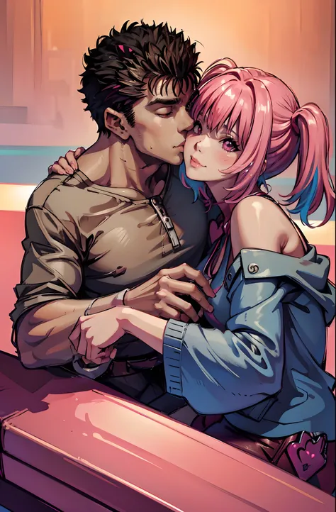 riamu,guts,couple,husband and wife,love dovey couple,sitting,hug,kiss,smile,(best quality,4k,8k,highres,masterpiece:1.2),mega-detailed,(,1.37),portraits,vivid colors,warm tones,soft lighting