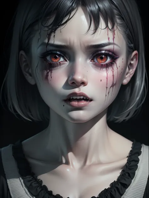 ((Junji Ito) manga portrait illustration of girls face)), horrified, scared, afraid expression,( black tears, smudged makeup), detailed, (horror theme:1.5), contemporary horror, ((black and white)), creepy atmosphere, disturbing