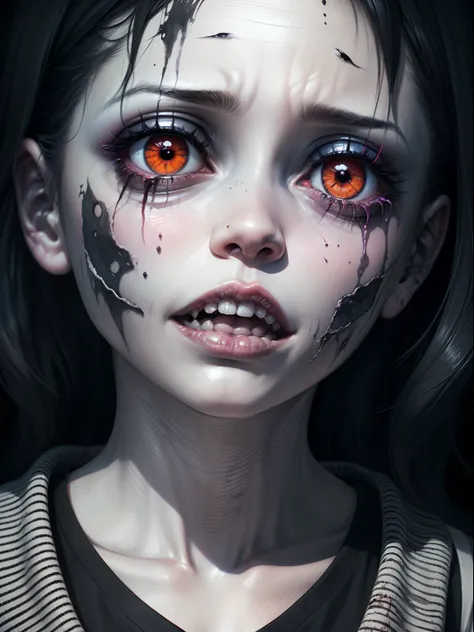 ((Junji Ito) manga portrait illustration of girls face)), horrified, scared, afraid expression,( black tears, smudged makeup), detailed, (horror theme:1.5), contemporary horror, ((black and white)), creepy atmosphere, disturbing