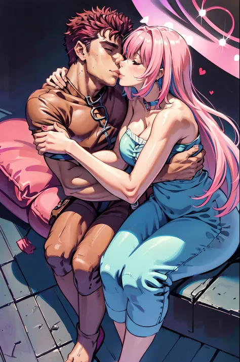 riamu,guts,couple,husband and wife,love dovey couple,sitting,hug,kiss,smile,(best quality,4k,8k,highres,masterpiece:1.2),mega-detailed,(,1.37),portraits,vivid colors,warm tones,soft lighting