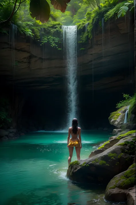 A realistic photograph capturing a "Waterfall Shower Girl Cave" in a tropical paradise. The cave entrance is surrounded by vibrant greenery, and the waterfall plunges into a clear, turquoise pool. A girl stands beneath the waterfall, her silhouette visible...